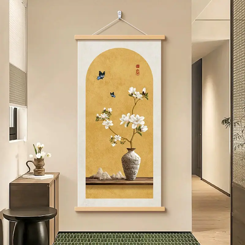 Auspicious Chinese Floral & Bird Painting, Returning Swallows Wall Art, Vertical Scroll for  Hotel Corridor & Hallway Decoration