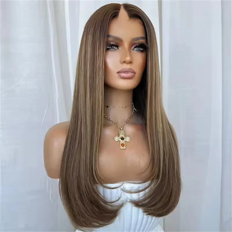 Peluca de cabello humano 100% Remy indio, rubio miel con reflejos, liso sedoso, castaño caramelo, ombré, con parte en V, fácil de instalar, hecha a máquina.