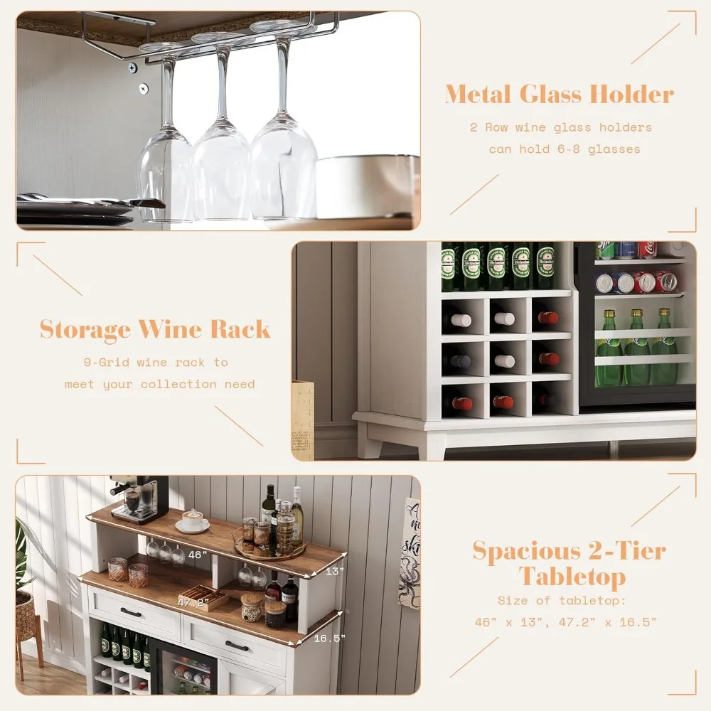 47-calowa szafka kawowa w stylu wiejskim z 15-calową lodówką oraz stojakiem na wino i uchwytem na szklanki, szafka na wino z szufladami do przechowywania