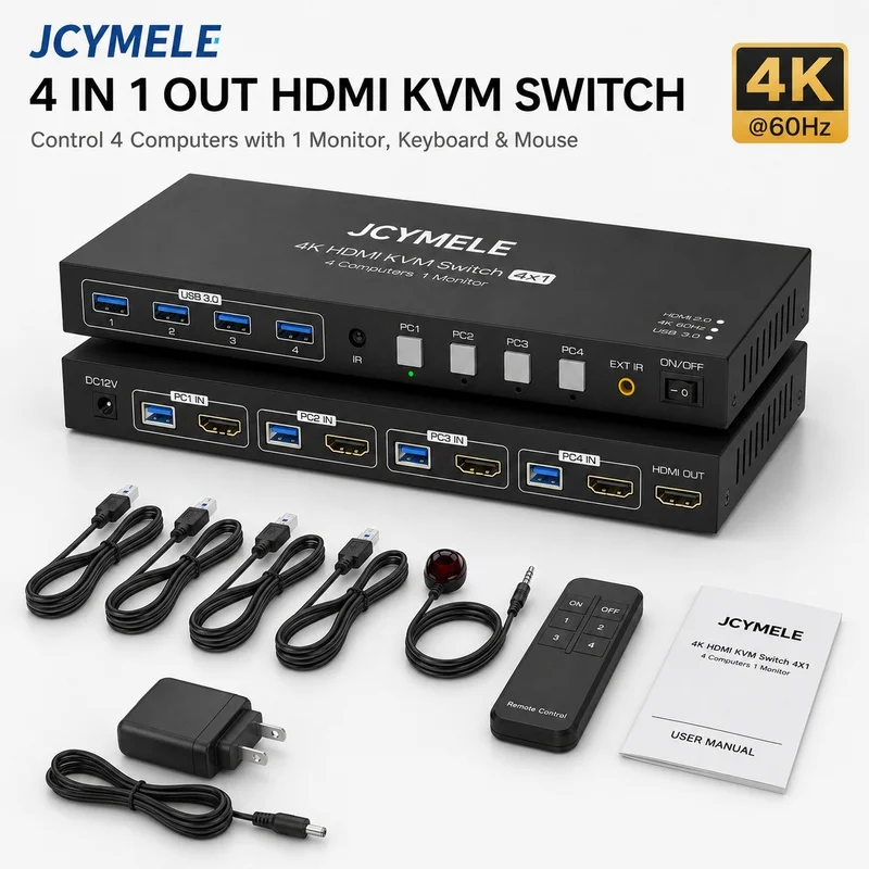 JCYMELE HDMI KVM Switch 4K@60Hz, Share 1 Monitor and 4 USB3.0 Ports between 4 Computers for Mouse Keyboard Printer