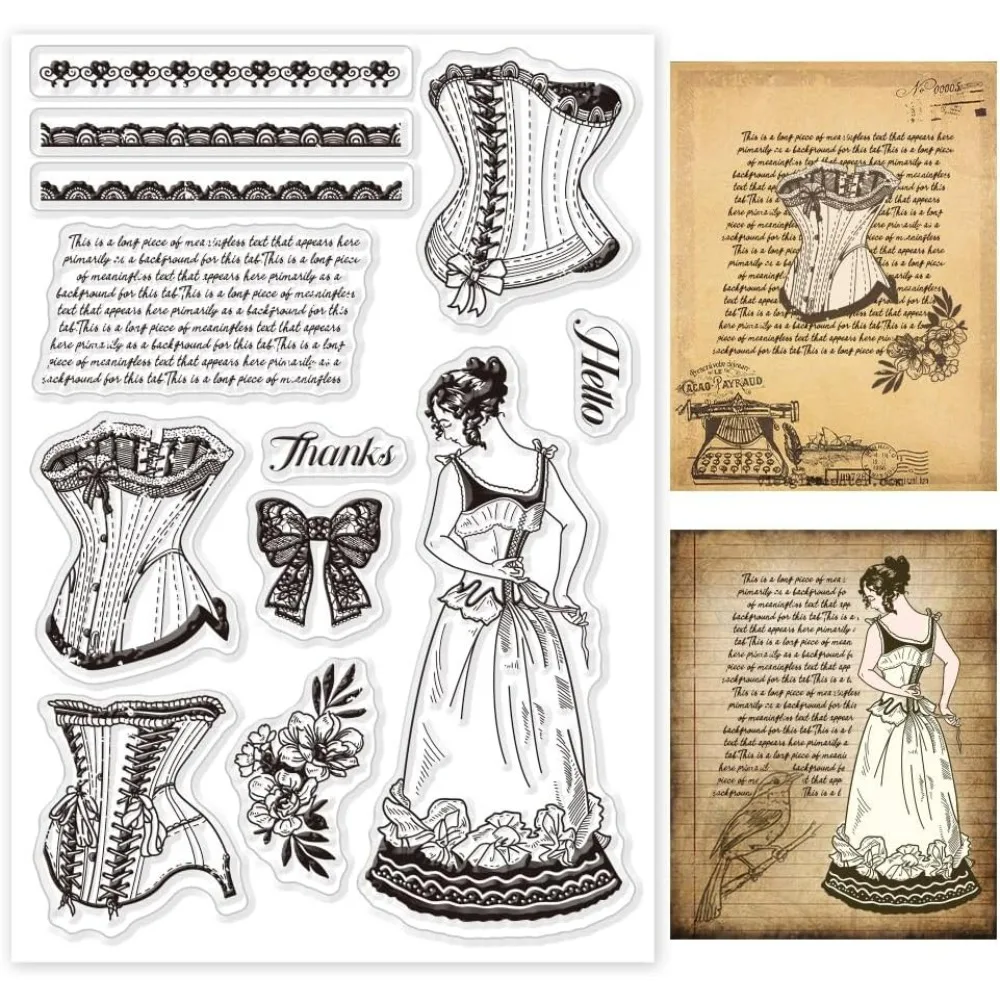 Vintage Corset Lady Clear Stamps for DIY Scrapbooking Retro Lace Border Silicone Clear Stamp Seals Transparent Stamps for Cards