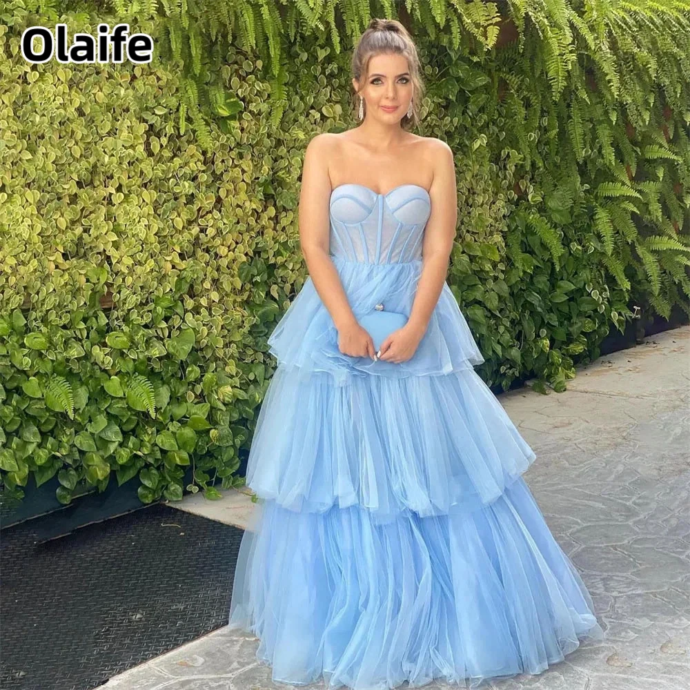 

Olaife Sweetheart Long Party Dresses Tiered Ruffled A Line Vintage Night Dresses Sleeveless Celebrity Dresses vestidos de fiesta