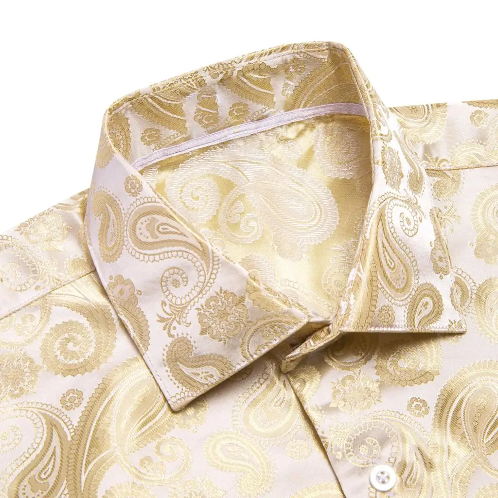 Hi-Tie Gold Beige Ivory Champagne Silk Mens Shirts Lapel Long Sleeve Dress Shirt Jacquard Blouse for Male Wedding Business Prom