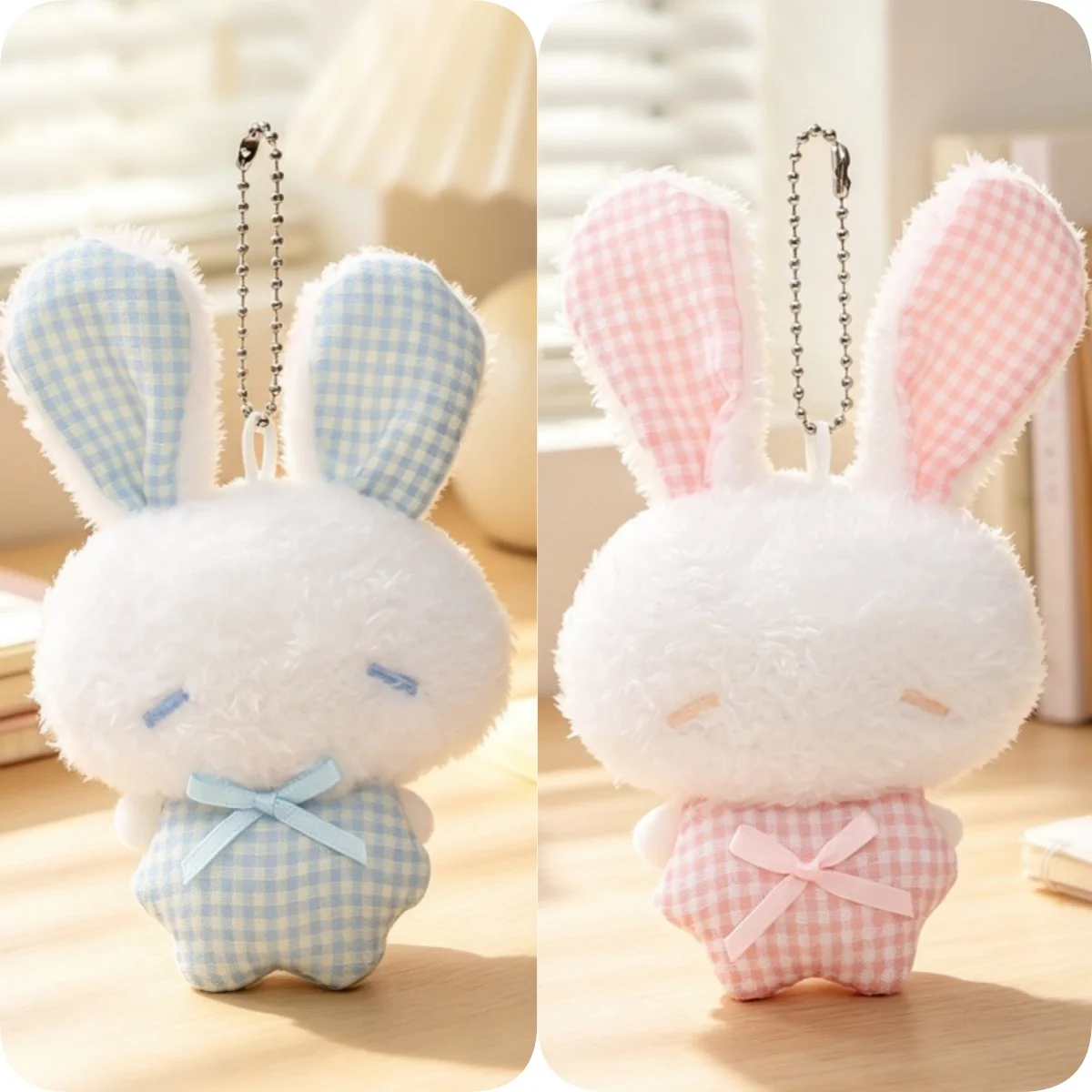 

Plaid Bunny Plush Keychain, Cute Closed-Eye Rabbit Stuffed Doll Bag Charm, Soft Fluffy Animal Pendant for Backpack,Car Key,Gift