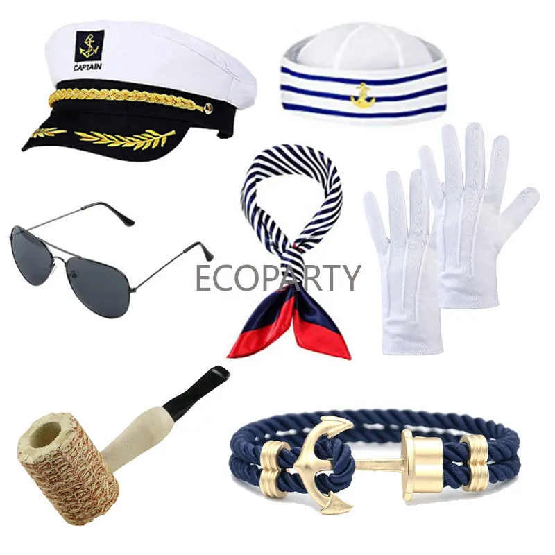 Adult Navy Sailor Set White Sailors Captain Hat Sunglasses Scarf 7 Piece Set Yacht Theme Cosplay Party Accessories for Men Women