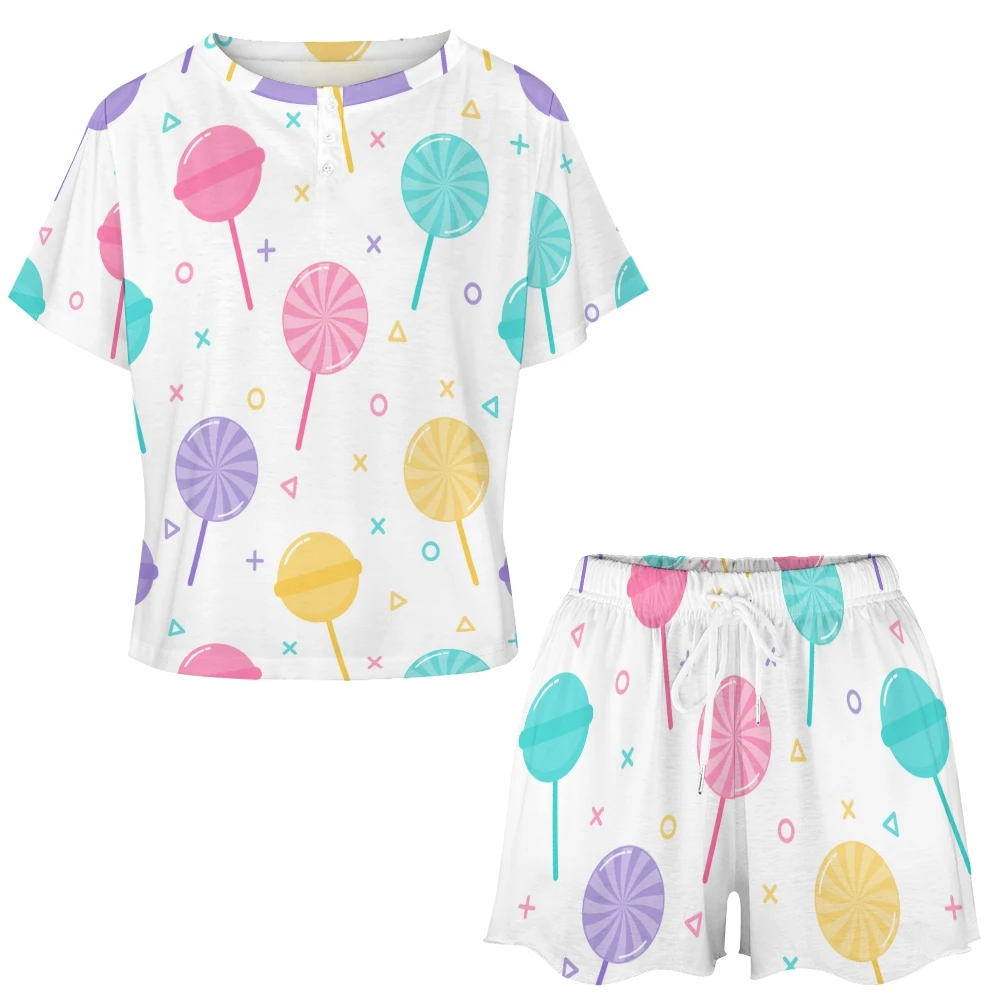 Cute Lollipops Pattern Women's 2-Piece Button Down Short Sleeve Button Front Sleepwear Loungewear PJ Set Summer Home Suit