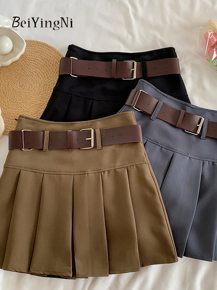 

Beiyingni jk Sexy A-line Mini Skirts for Women With Belt Culottes Gray Y2K High Waist Suit Short Skirt Fashion Casual Faldas