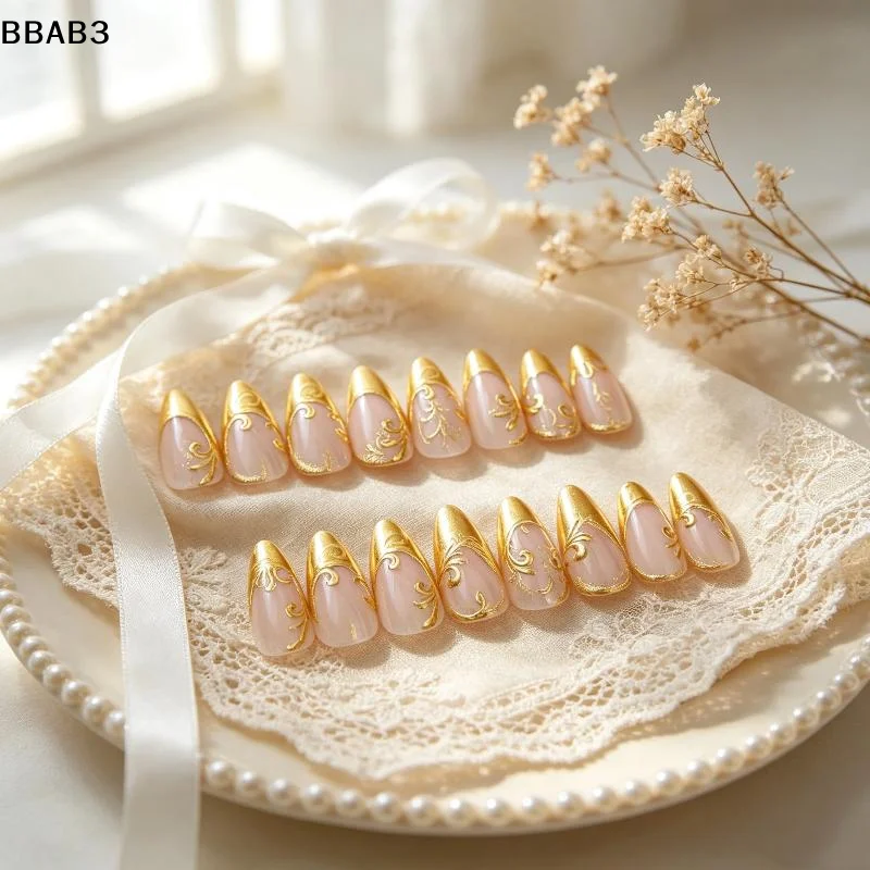 【B】24Pcs Square Shape Nude Golden Gilding Flora Design Full Cover Press On Artificial Nails Medium Long Fake Nails For Women