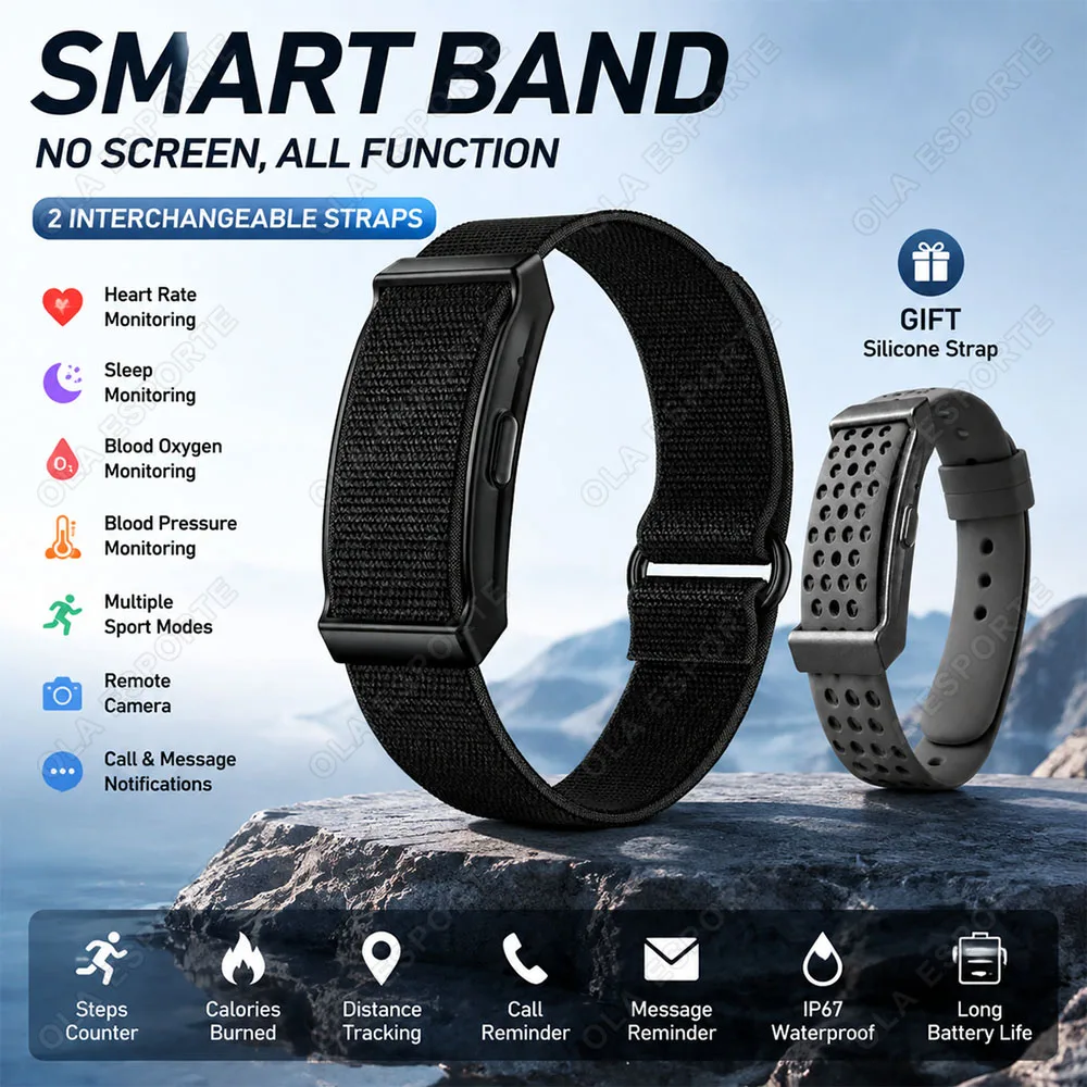 Nova Pulseira Inteligente Fina e Leve Sem Tela, Monitoramento de Frequência Cardíaca, Oxigênio no Sangue e Sono, IP68, Pulseira Esportiva Inteligente 