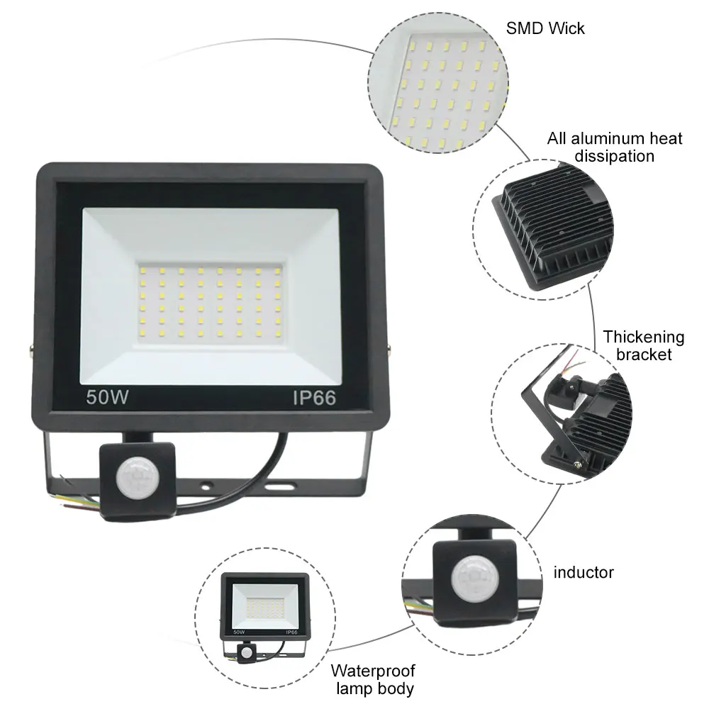 Led Motion Sensor Floodlight Outdoor Wall Light White Light  50w  10w Ip66 Waterproof Led Spotlight For Garden Porch Lights