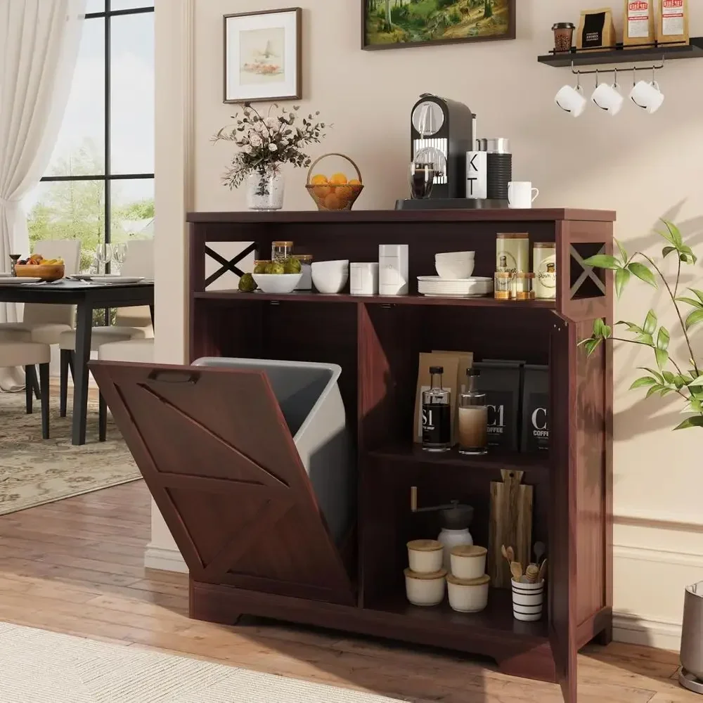 

Kitchen Island Trash Can Cabinet with Adjustable Shelves and Hidden Laundry Basket, Brown