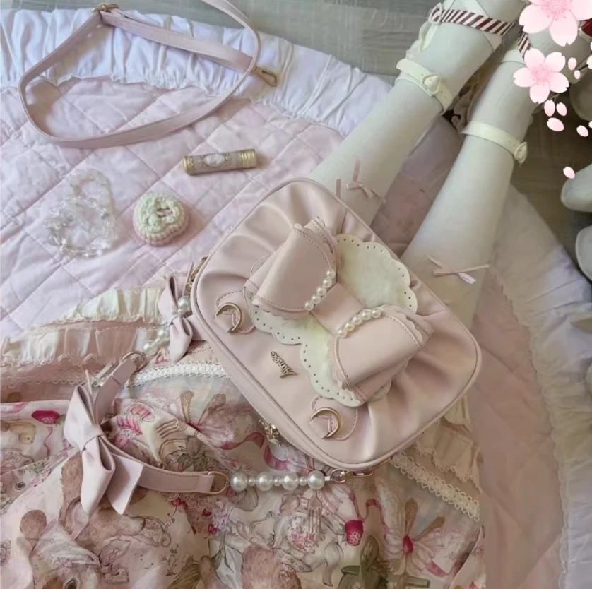 Sweet Lolita Pink Bow Pearl Chain Crossbody Leather Bags Female Girls Totes Portable Handbags