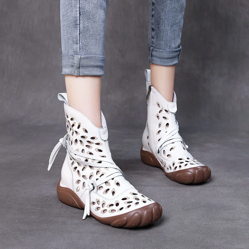 DRKANOL Handmade Women Boots Summer Shoes Genuine Cow Leather Breathable Hollow Retro Flat Side Zipper Gladiator Boots Women