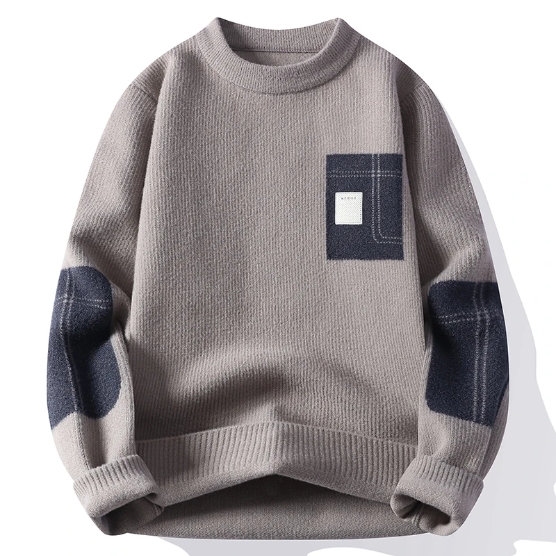 men's autumn winter long sleeves knit sweater round neck new model patch keep warm pullover leisure fashion youth men's clothing