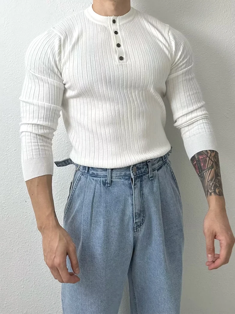 

American Sle Hard Man Silk Cotton Knitted Henry irt Men f Open Button Casual Workwear Long Sve Sweatirt Door Coll...