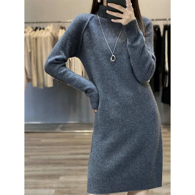 

Women's Wool Thick Dress Turtleneck Pullovers Autumn Winter Long Sleeve Wool Mid Long Sweater Basic 100% Merino Wool Knitwear