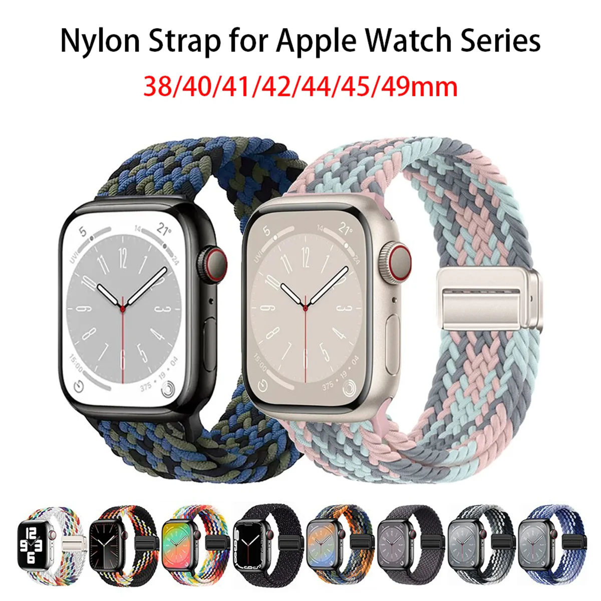 Pulseira Trançada para Apple Watch 44mm 40mm 45mm 46mm 49mm 41mm 38mm Bracelete Magnético de Nylon para iWatch séries SE 7 6 8 9 10 Ultra 2