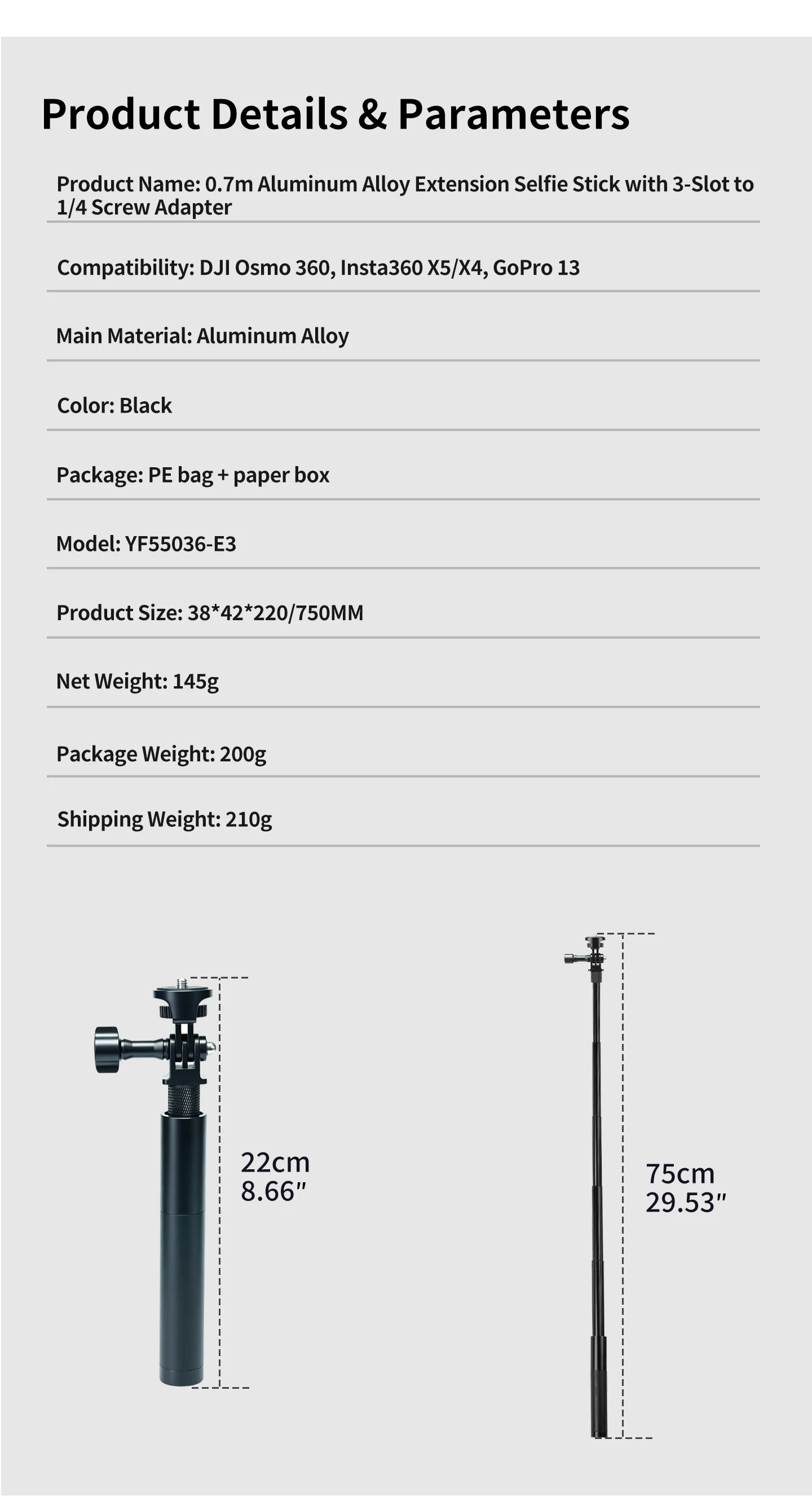 6-teiliger ausziehbarer 0,7m unsichtbarer Selfie-Stick, Panorama-Kamera-Aluminium-Monopod für Insta360 X6 X5 GoPro Max DJI Osmo 360 II – Detail 11