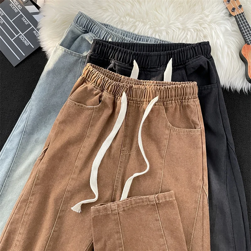 

Мужские джинсы свободного прямого кроя с эластичным поясом, широкие длинные брюки в винтажном стиле, повседневные, свободные, в гонконгском стиле, модные, устойчивые к воде