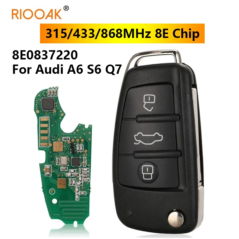 

315/433/868MHz 8E Chip 8E0837220Q/M/T/R Af Flip 3 Button Remote Car Key Fob For 2005 - 2011 Audi A6L Q7