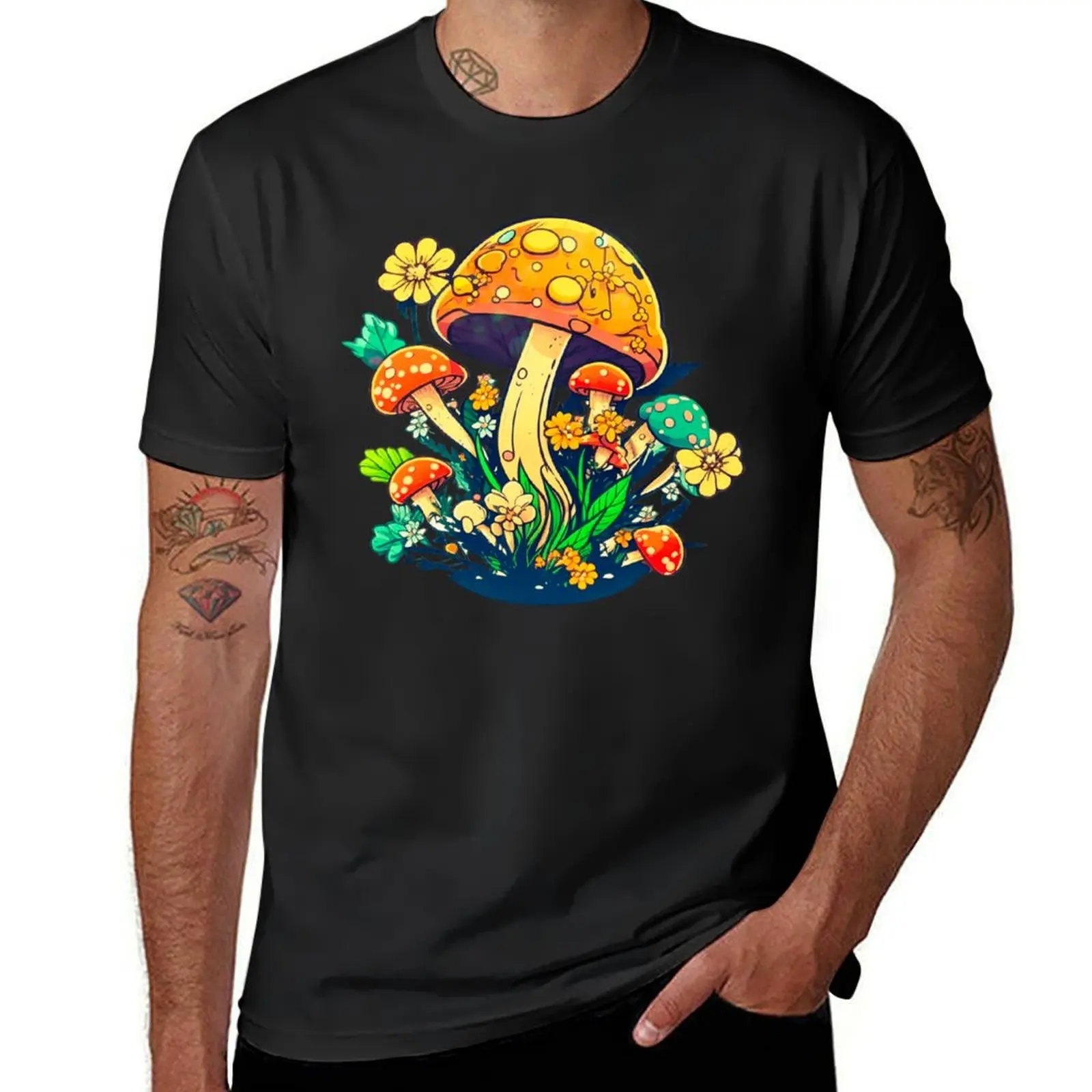 Fantasy Mushrooms and Flowers T-Shirt kawaii clothes vintage customs heavy weight t shirts for men