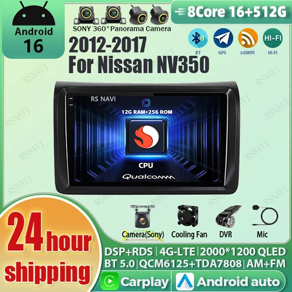 

Android 16 Carplay Auto Qualcomm 2K QLED Screen Car Radio Player For Nissan NV350 2012-2017 GPS Stereo Wifi BT 4G 16G-512G DSP