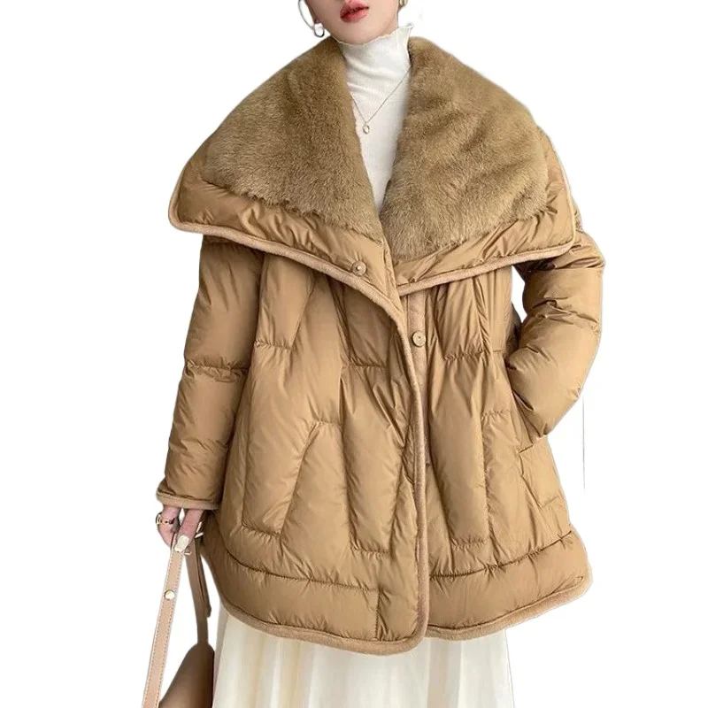 Fur Collar Foreign Style Waist Long Femininity Coat  Commuting High-end Popular European Imitation Mink Celebrity Thickened Coat
