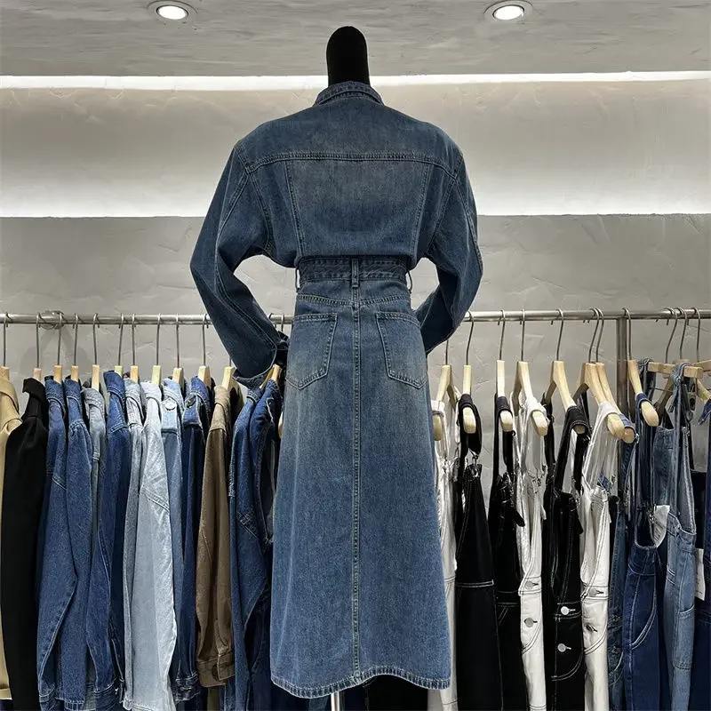 Denim Dress for Women 2024 New Spring Fashion Vintage Polo Neck Long Sleeve Sweet Spicy Waist Slim Fit Split Mid Length Dress