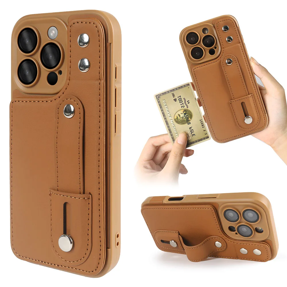 

Wristband Bracket Leathers Phone Case for iPhone 16 Pro Max Cards Slot Holder Cover For iPhone 16e 16Plus Glass Lens Film Cover