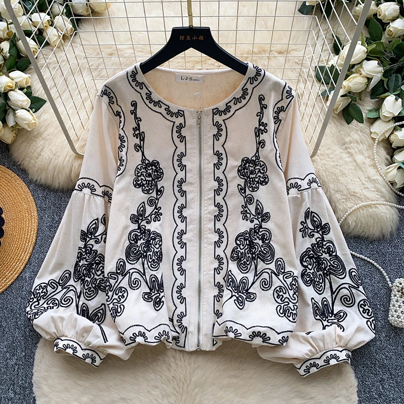 Korean Style Vintage Embroidered Shirt Women Boho Zip Up Blouse Lantern Sleeve Loose Fit Office Top Fall Female Blusa New BL559
