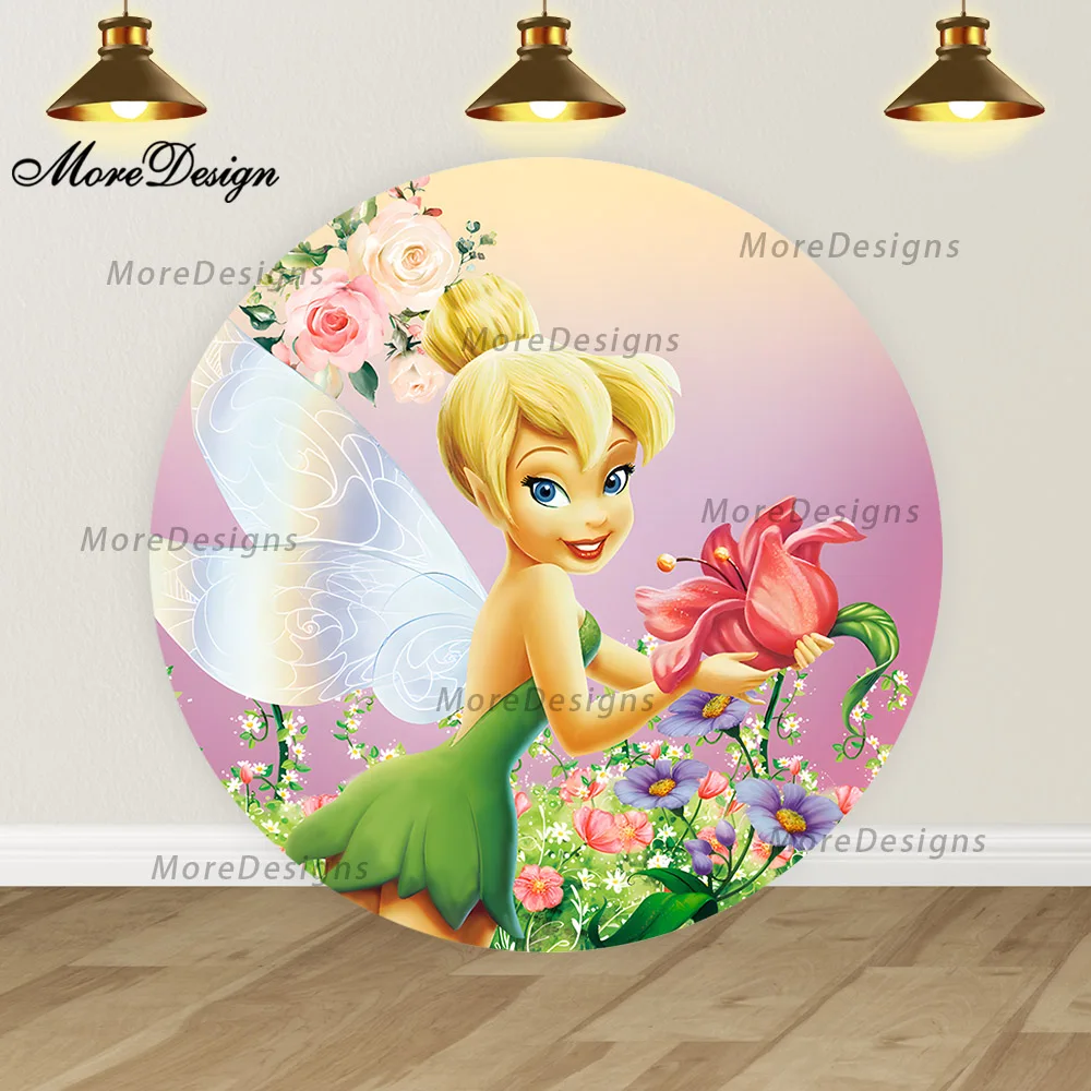 Disney Tinkerbell Round Photo Backdrop Baby Shower Circle Covers Girls Birthday Party Decoration Photography Background