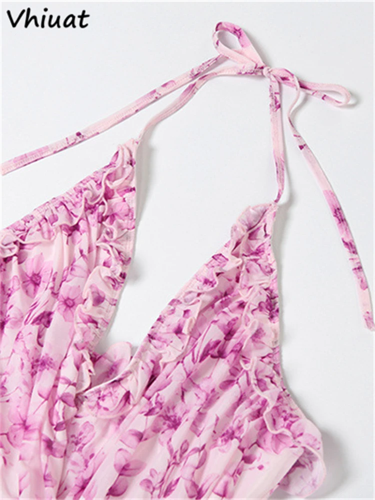 Vhiuat malha floral impressão sem mangas halter magro maxi vestido feminino elegante festa de férias noite verão vestidos longos 2025