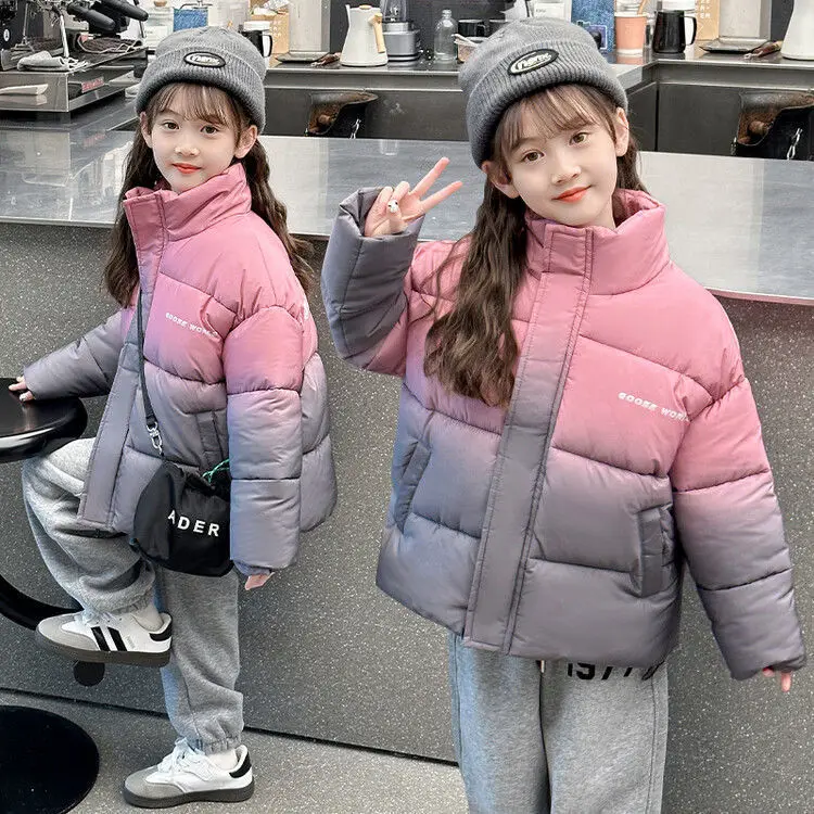 Girls winter winter cotton-padded jacket 2024 new foreign style 5-14 year girl large child padded jacket with stand-up collar