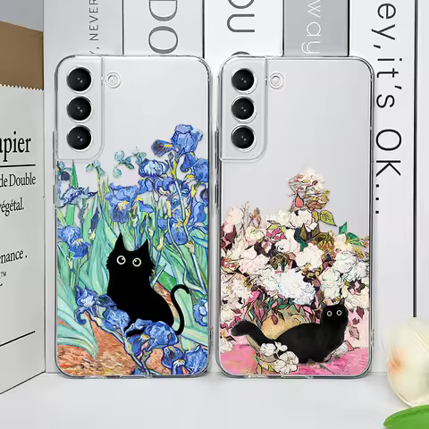 Retro Oil Painting Van-Gogh Cat Phone Case for Samsung Galaxy S25 S24 S23 S22 S21 Ultra Plus FE 5G Transparent Soft Cover Fundas