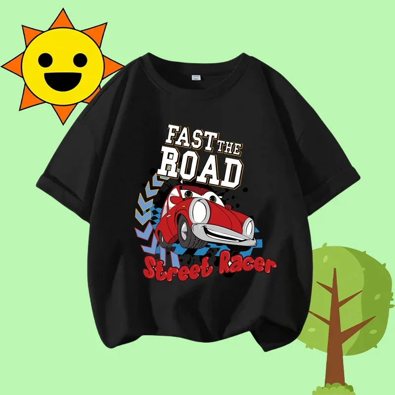 

Disney Cartoon Print Summer T-shirt Racing Parade Children's Round-neck Short-sleeved Boys' Sports Shirt Girls' Casual Top