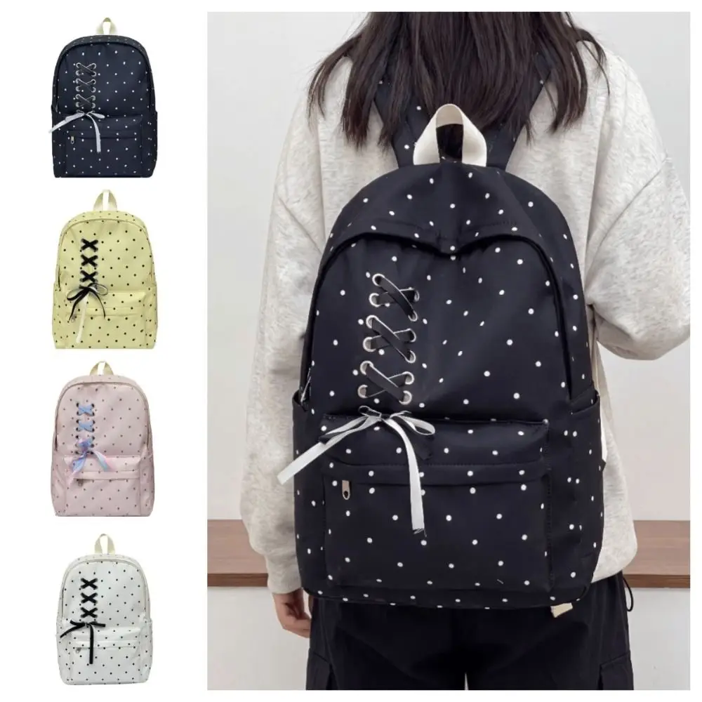 Casual Bow Dot Backpack Large Capacity Durable Students School Bag Fixed Webbing Scratch Prevention Nylon Backpack Daily