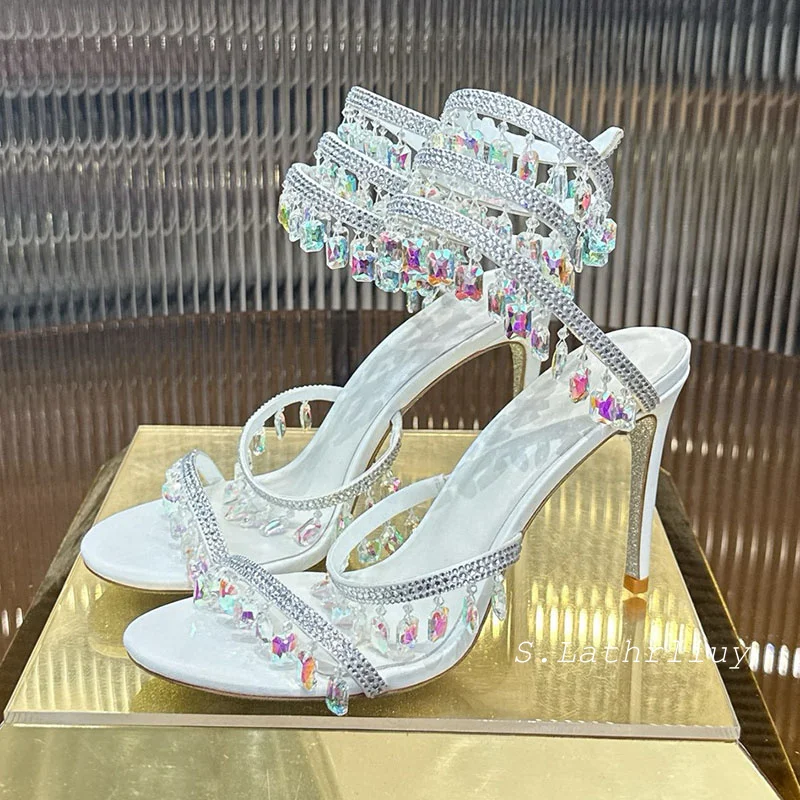 Sandals women's summer rhinestone tassel pendant decoration solid color narrowband high heels wedding party dance dress shoes