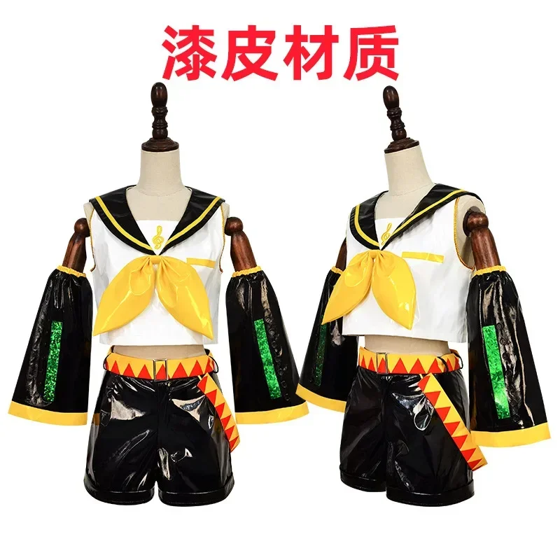 Kostum Cosplay Kagamin Len/Rin pakaian seragam Kagamin Len Legging lengan itermasuk Headwear untuk Comic Con