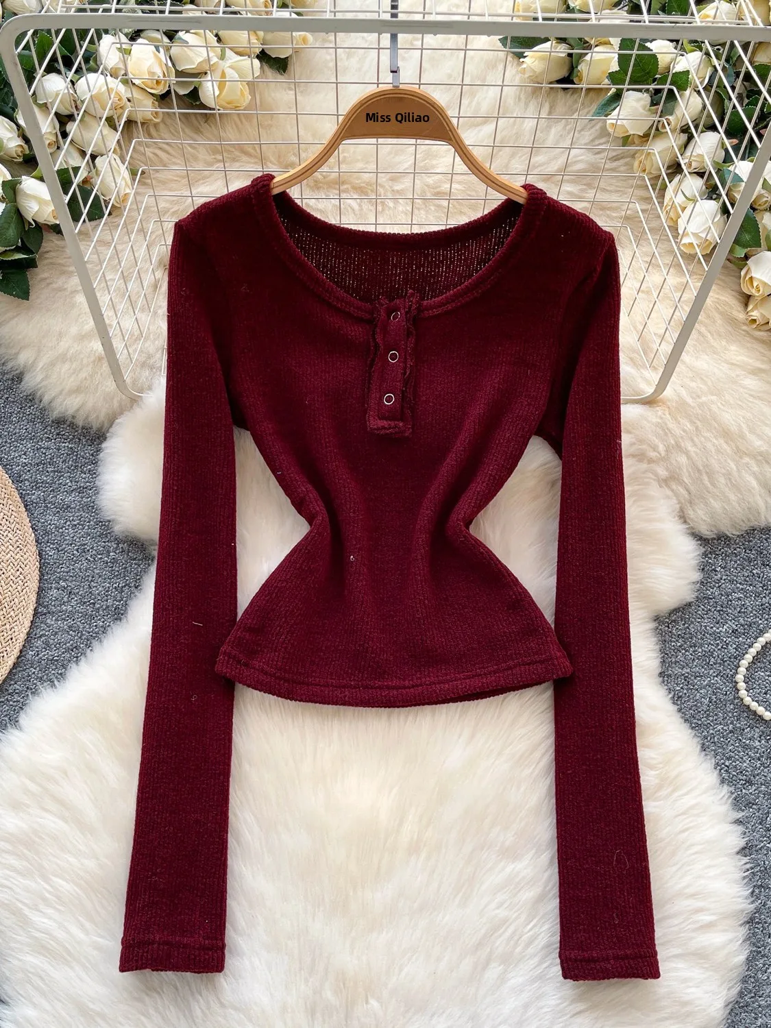 Slim Fit round Ne Long Sve Knitted Base Layer Top for Women Faionable Korean Sle Commute Wind Creative Pattern Polye...