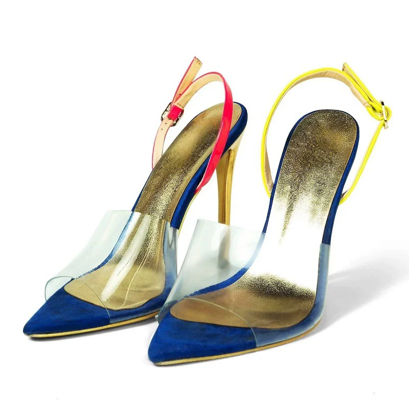 

Summer new pointed fish mouth transparent PVC color block sexy sandals banquet dress large size thin high-heeled women's shoes
