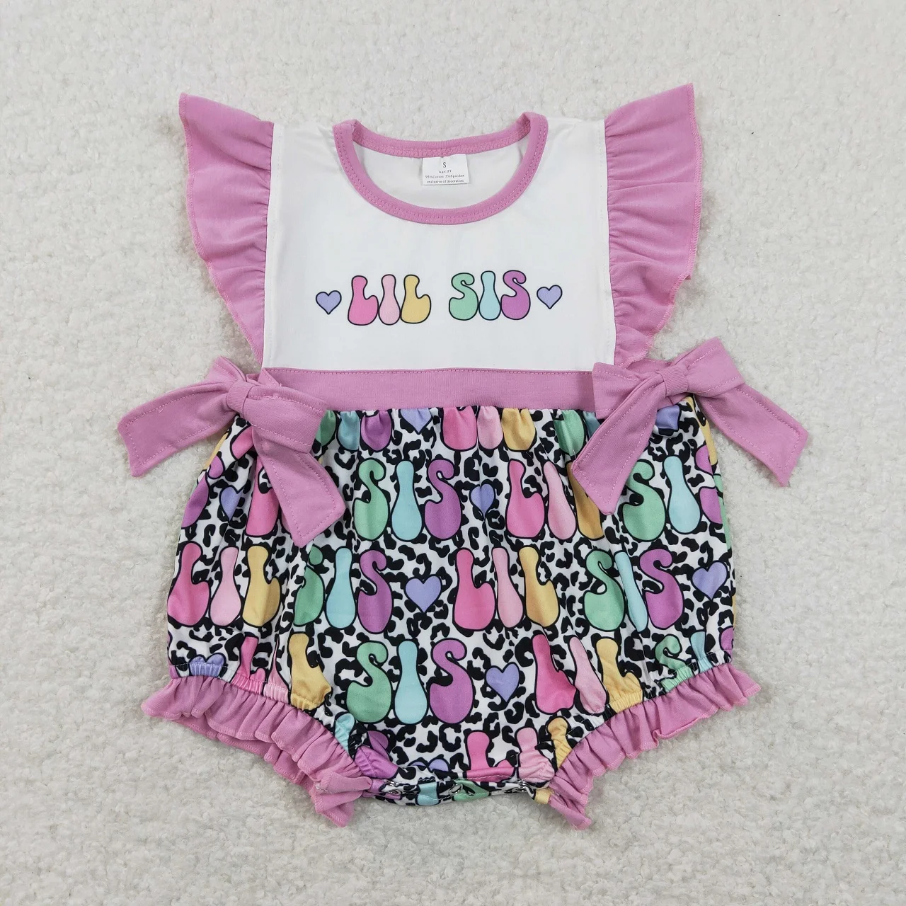 

Wholesale Newborn Coverall Bodysuit Short Sleeves Sister Jumpsuit Kids One-piece Baby Girl Toddler Leopard Purple Ruffle Romper