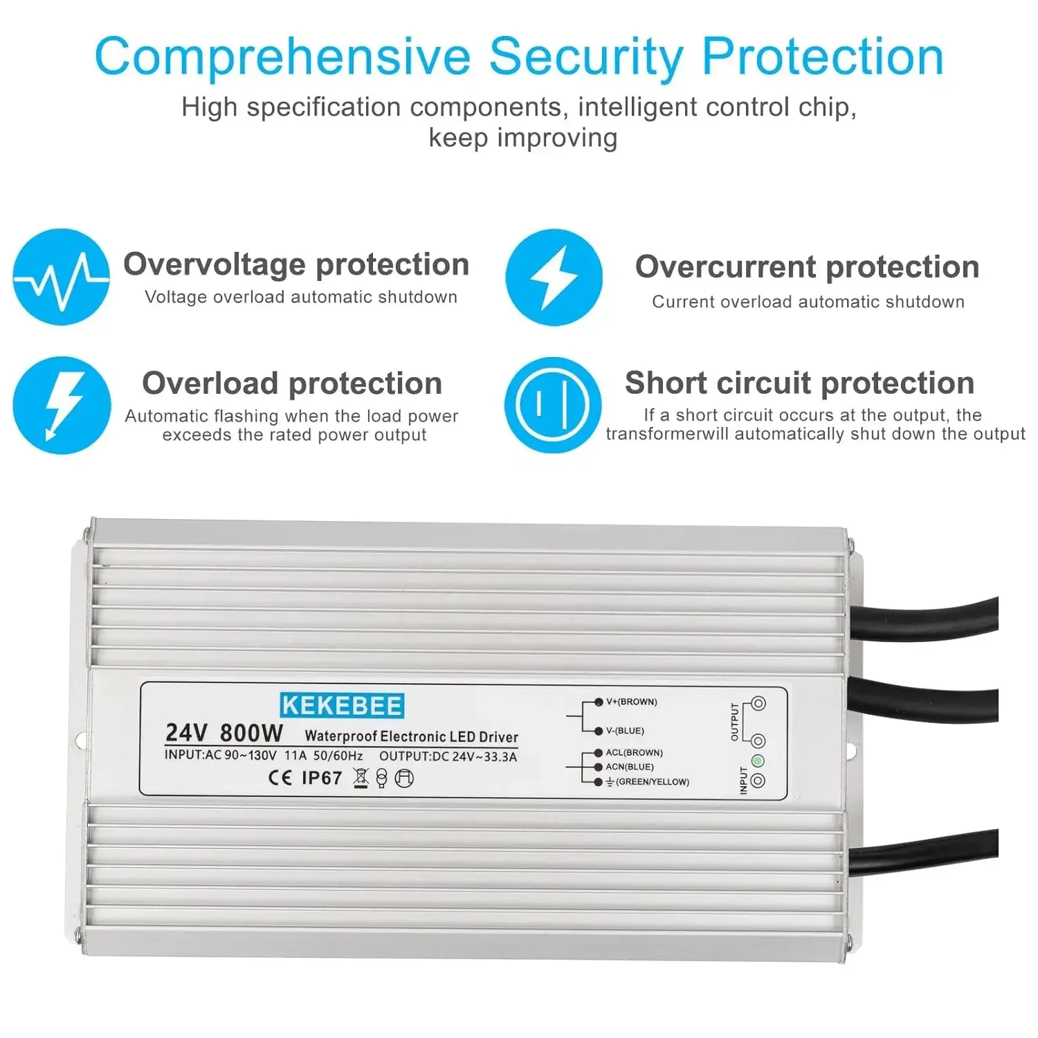 LED Driver 24V800W Waterproof Power Supply 90-130V to 24V33.3A AC to DC Converter IP67 Low Voltage Transformer Suitable for Indo