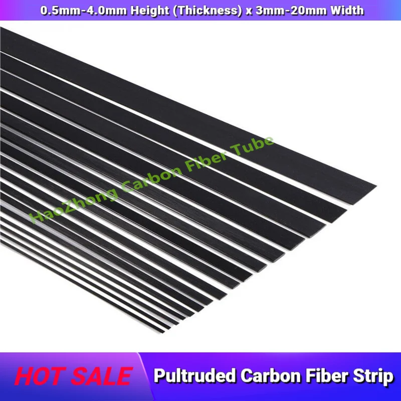 Carbon Fiber Strip Pultruded 0.5mm-4.0mm Height (Thickness) x 3mm-20mm Width x 500mm