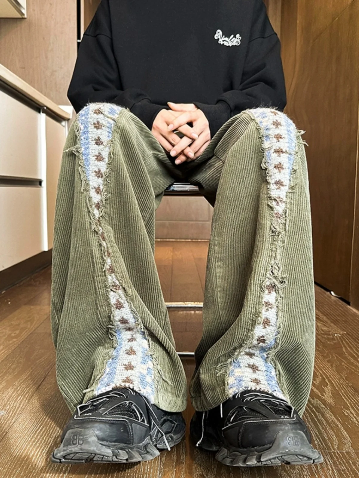 

Мужские вельветовые брюки с широкими штанинами для весны и осени, дизайнерская модель с элементами пэчворка, повседневные, в уличном стиле, свободного кроя