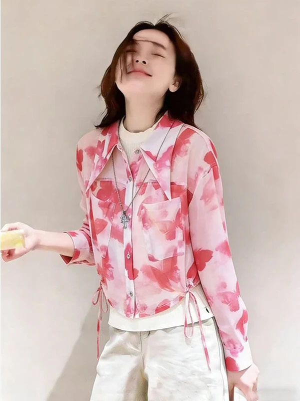 

Retro Pink Floral Gradient Long Sleeve Shirt Women's Ageless Design Casual Loose Fit Breathable Spring 2026 Fashion Top