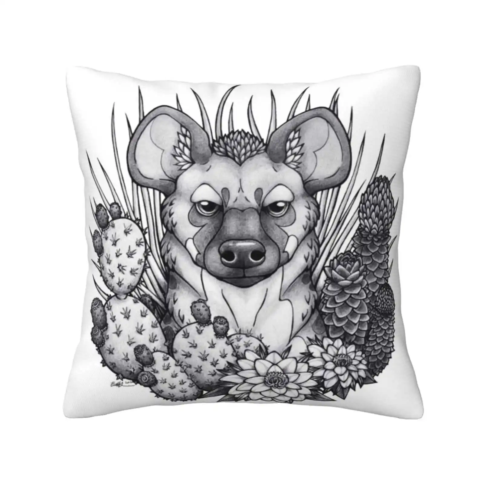 Hyena & Arid Plants Throw Cushion Pillow Cover Spotted Hyena Animal Africa Cactus Cacti Succulents Flower Ink Tattoo The Lion