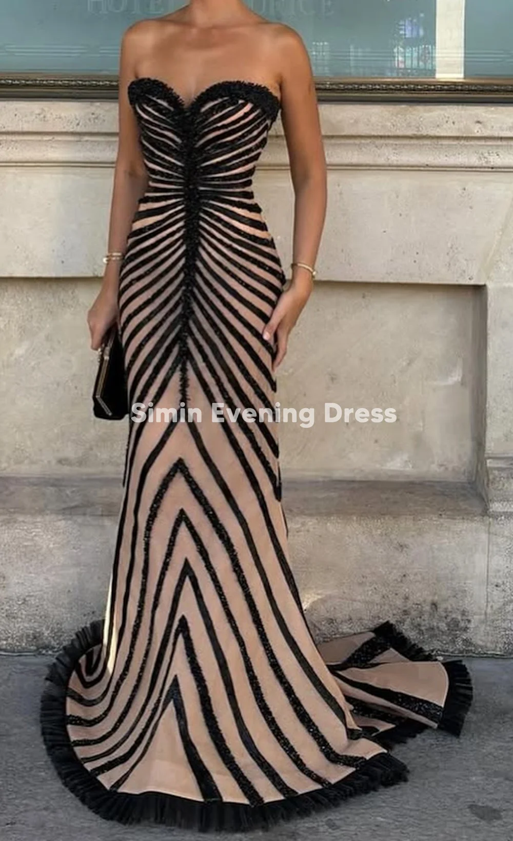 Simin Women's Crepe Strapless Mermaid Floor-Length Evening Dresses With Sequins Beaded Court Train Formal Prom Gown Elegant 2025