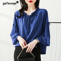 Women Ruffle Lace Up Elegant Chic Blouses Trendy Solid Loose Long Sleeve Shirts Simple Casual Streetwear Sweet Tops Female Ropa