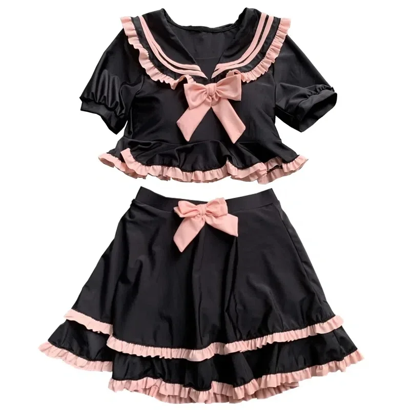 Cute School Girl Cosplay Sukumizu Bow Sailor Collar Two Piece Swimwear Black Lolita Ruffle Bikini Swimsuit Tops Skirt Set