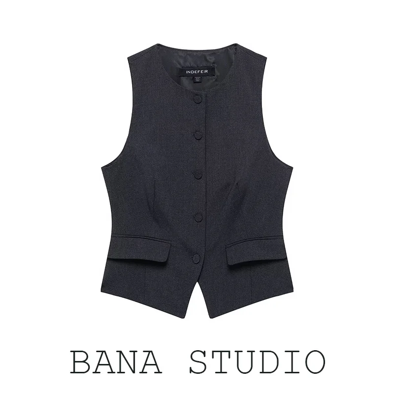 

Slim Fit ort round Ne Waist Cinched Open Front Suit Vest Women Outerwear Faion Commute Sle Button Cotton Wool Blend